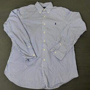 Mens Ralph Lauren Classic Fit Blue White Striped Button Down Shirt Long Sleeve L